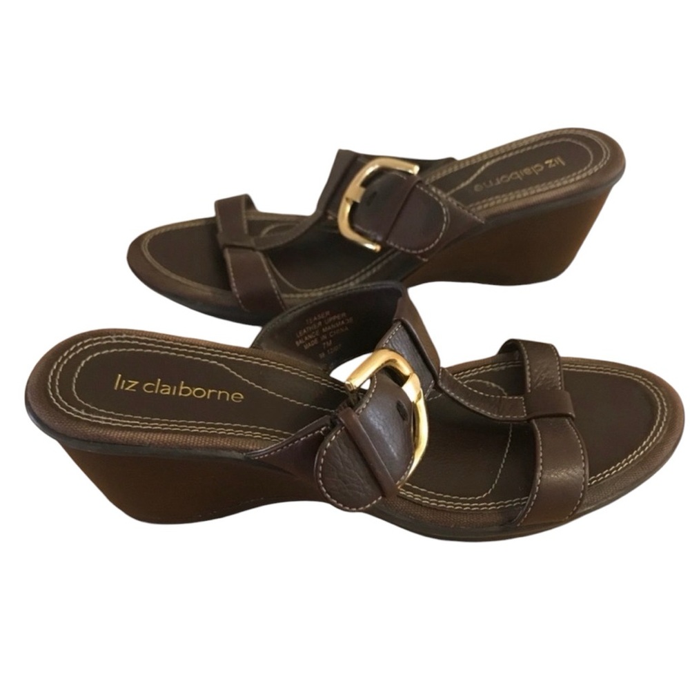 Liz Claiborne Women’s 7 Brown with Gold Buckle Slide Sandal